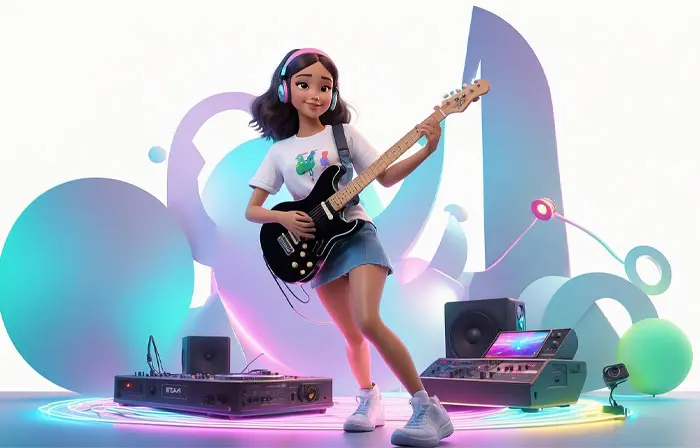 A 3D Character Illustration of a Girl and Her Guitar